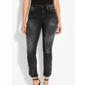 Guess Women’s It Girl Glitter High Rise Skinny Jeans Destroyed Details Size 24